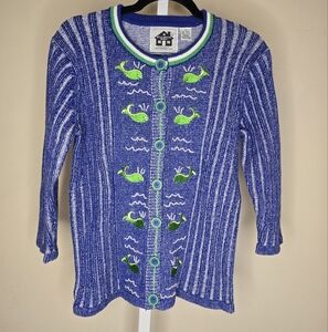 Vintage Storybook Knits Whale Of A Day Women's XS Blue Green Knit Cardigan